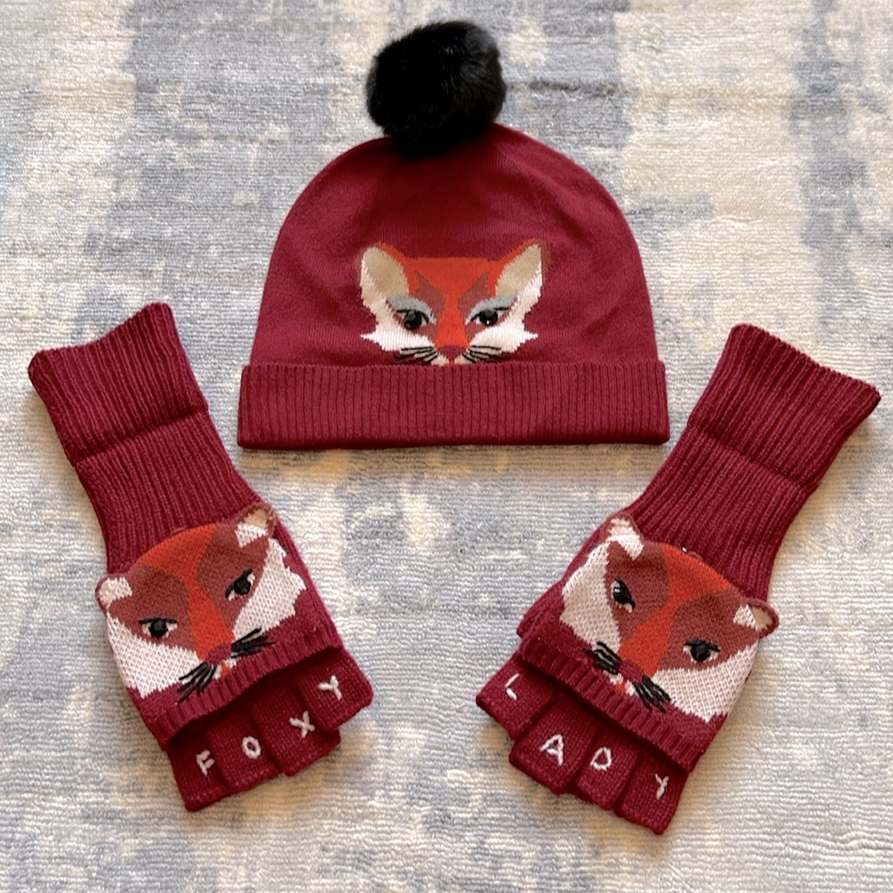 KATE SPADE Foxy Lady Hat and Gloves Set (Burgundy w/Decor) - Never Worn